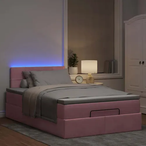 otoman krevet madracem i LED ružičasti 120x190 cm baršun - Ružičasta 120 x 190 cm Blok s kvadratima Ružičasta Cijena