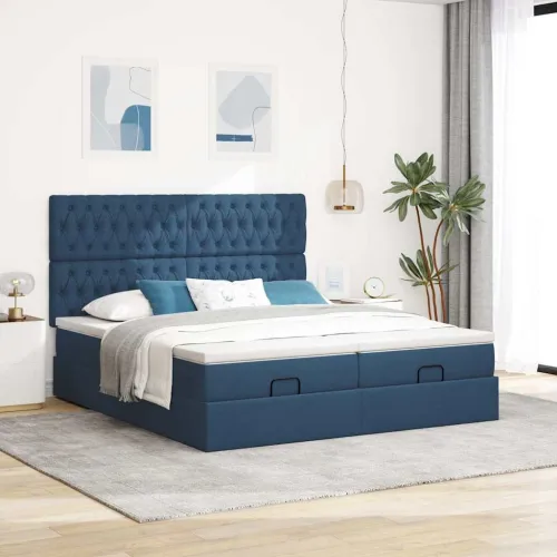 otoman okvir kreveta s madracima plavi 200x200cm tkanine - Plava 200 x 200 cm Dizajn s gumbima Cijena