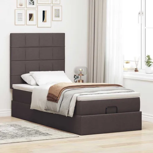 otoman krevet s madracem i LED tamnosmeđi 90x200 cm tkanine - Tamno smeđa 90 x 200 cm Blok s kvadratima Tamno smeđa Cijena