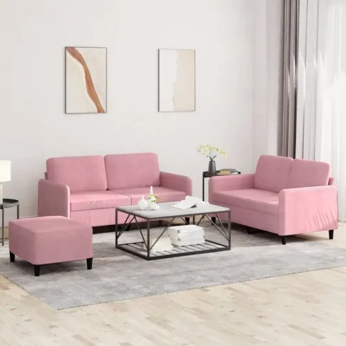 3-dijelni set sofa ružičasti baršunasti - Ružičasta s jastučićima i tabureom Cijena