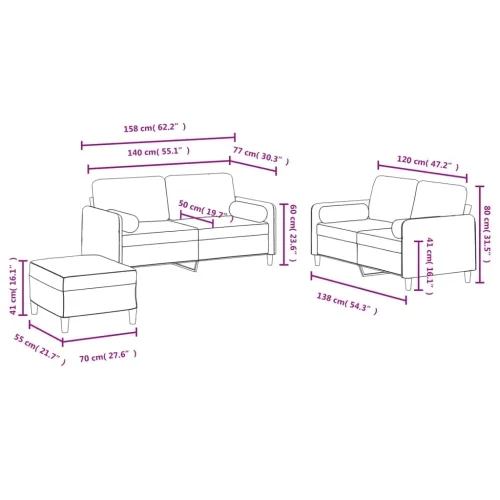 3-dijelni set sofa s jastucima ružičasti baršunasti - Ružičasta s jastucima i tabureom Cijena