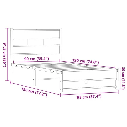 Metalni okvir kreveta bez madraca smeđi hrast 90x190 cm - Smeđi hrast 90 x 190 cm s uzglavljem i dvostrukim niskim podnožjem Cijena