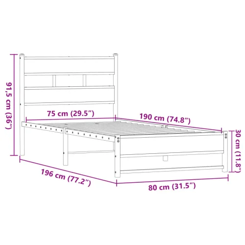 Metalni okvir kreveta bez madraca smeđi hrast 75x190 cm - Smeđi hrast 75 x 190 cm s uzglavljem i dvostrukim niskim podnožjem Cijena