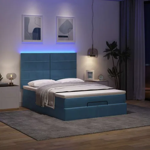otoman krevet s madracem i LED plavi 140x190 cm tkanine - Plava 140 x 190 cm Blok s kvadratima Plava Cijena