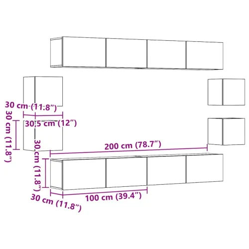 8-dijelni zidni set TV ormarić konstruirano drvo - Staro drvo 1 200 cm Staro drvo Cijena