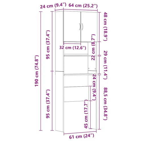 Ormarić za perilicu rublja boja hrasta 64x24x190 cm drveni - Sivi hrast sonoma Cijena