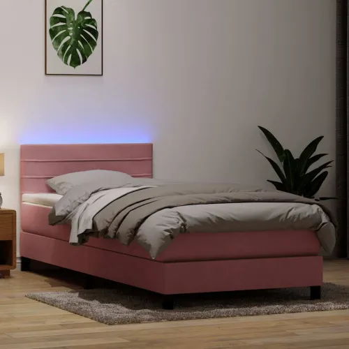 Box Spring krevet s madracem i LED ružičasti 90x210 cm samt - Ružičasta 90 x 210 cm vodoravne pruge Ružičasta Cijena