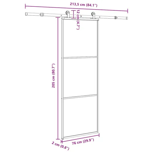 Klizna vrata s priborom 76 x 205 cm od ESG stakla i aluminija - 76 x 205 cm (213.5 cm) 2 vodoravne šipke Cijena