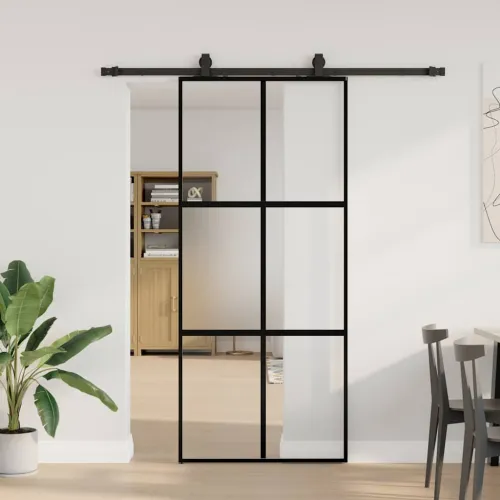 Klizna vrata s priborom crna 90 x 205 cm kaljeno staklo - Crna, mat i prozirna 90 x 205 cm (klizna vodilica od 183 cm) Mreže 4 x Cijena