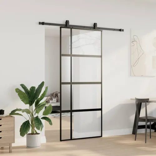 Klizna vrata s priborom crna 90 x 205 cm kaljeno staklo - 90 x 205 cm (klizna vodilica od 183 cm) Cijena