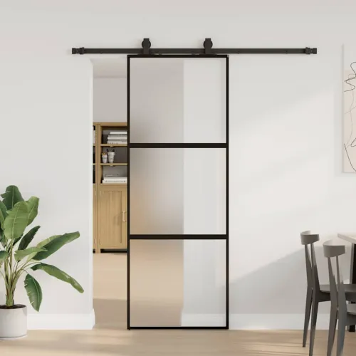 Klizna vrata s priborom crna 76 x 205 cm kaljeno staklo - Crna i mat 76 x 205 cm (klizna vodilica od 183 cm) 3 vodoravne šipke Cijena