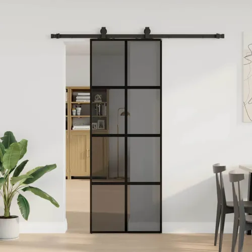 Klizna vrata s priborom crna 76 x 205 cm kaljeno staklo - Crna i tamnoprozirna 76 x 205 cm (klizna vodilica od 183 cm) Cijena