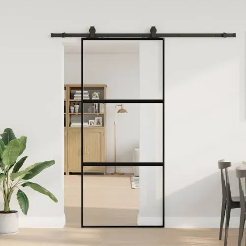 Klizna vrata s priborom crna 90 x 205 cm kaljeno staklo - Crna i mat 90 x 205 cm (klizna vodilica od 200 cm) 3 vodoravne šipke Cijena