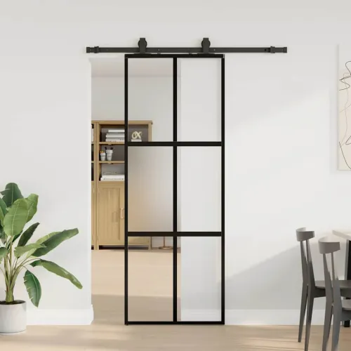 Klizna vrata s priborom crna 76 x 205 cm kaljeno staklo - Crna, mat i prozirna 76 x 205 cm (152,5 cm sliding rail) Mreže 4 x 2 Cijena