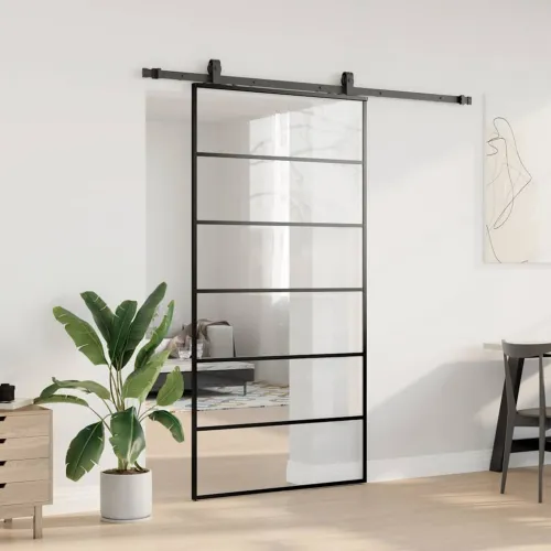 Klizna vrata s priborom crna 102 x 205 cm od ESG stakla - 102 x 205 cm (klizna vodilica od 200 cm) 5 vodoravnih šipki Cijena
