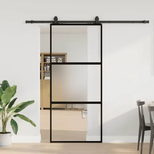 Klizna vrata s priborom crna 90 x 205 cm kaljeno staklo - Crna, mat i prozirna 90 x 205 cm (213 cm sliding rail) 3 vodoravne šip Cijena