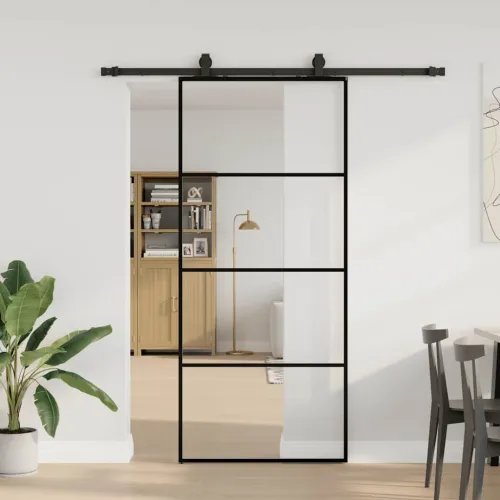 Klizna vrata s priborom crna 90 x 205 cm od ESG stakla - Crna 90 x 205 cm (klizna vodilica od 183 cm) Transparentan Cijena