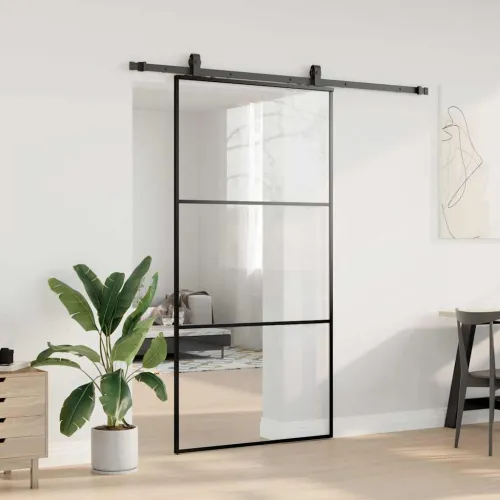 Klizna vrata s priborom crna 102 x 205 cm od ESG stakla - 102 x 205 cm (klizna vodilica od 200 cm) 2 vodoravne šipke Cijena