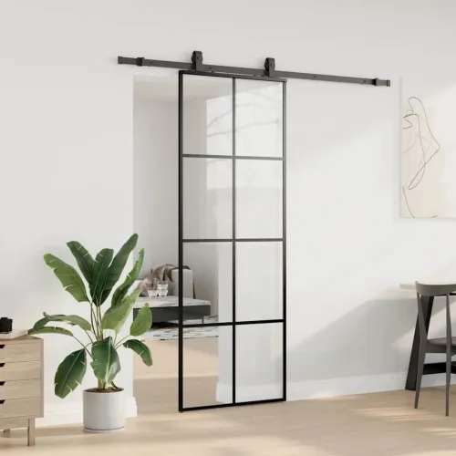 Klizna vrata s priborom crna 76 x 205 cm od ESG stakla - Crna 76 x 205 cm (klizna vodilica od 200 cm) Transparentan Cijena