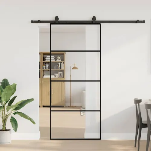Klizna vrata s priborom crna 90 x 205 cm od ESG stakla - Crna 90 x 205 cm (klizna vodilica od 200 cm) Transparentan Cijena