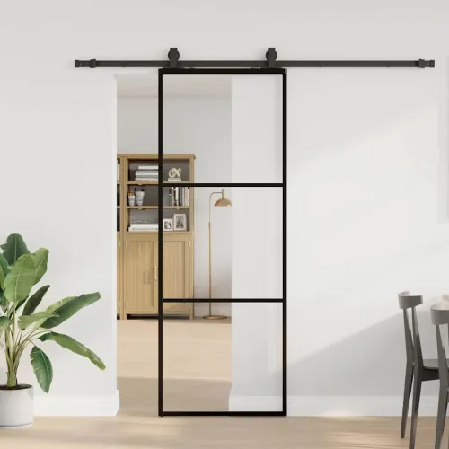 Klizna vrata s priborom crna 76 x 205 cm od ESG stakla - 76 x 205 cm (213 cm sliding rail) 2 vodoravne šipke Cijena