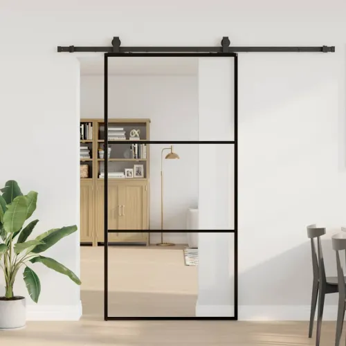 Klizna vrata s priborom crna 102 x 205 cm od ESG stakla - 102 x 205 cm (213 cm sliding rail) 2 vodoravne šipke Cijena