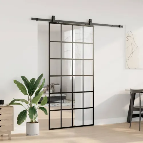Klizna vrata s priborom crna 102 x 205 cm od ESG stakla - 102 x 205 cm (213 cm sliding rail) 6 x 4 grids Cijena
