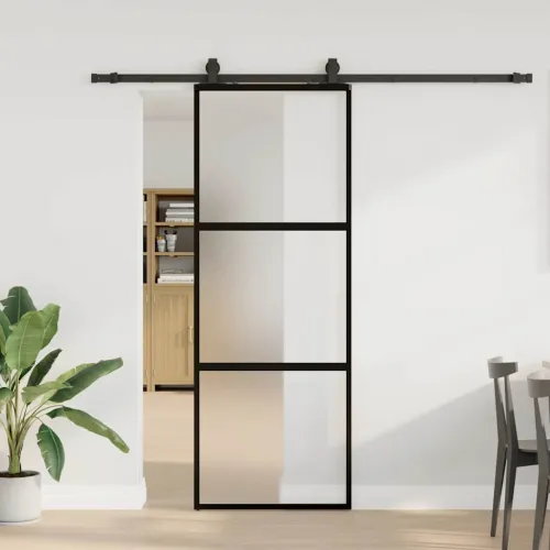 Klizna vrata s priborom crna 76 x 205 cm kaljeno staklo - Crna i mat 76 x 205 cm (213 cm sliding rail) 3 vodoravne šipke Cijena