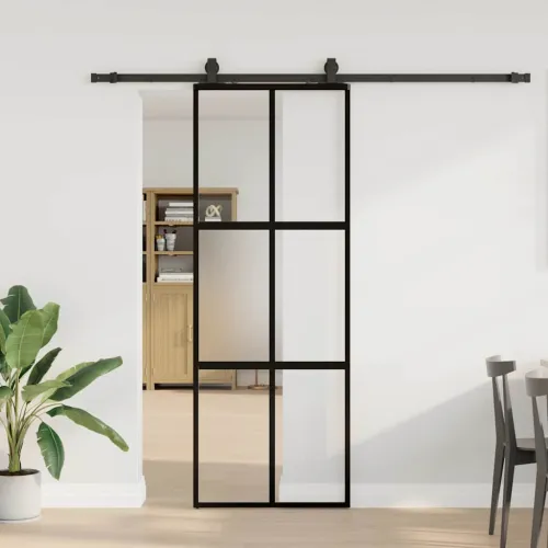 Klizna vrata s priborom crna 76 x 205 cm kaljeno staklo - Crna, mat i prozirna 76 x 205 cm (213 cm sliding rail) Mreže 4 x 2 Cijena