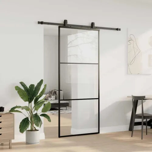 Klizna vrata s priborom crna 90 x 205 cm od ESG stakla - 90 x 205 cm (klizna vodilica od 183 cm) 2 vodoravne šipke Cijena