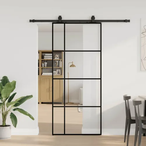 Klizna vrata s priborom crna 90 x 205 cm od ESG stakla - 90 x 205 cm (klizna vodilica od 183 cm) Transparentan Cijena