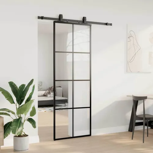 Klizna vrata s priborom crna 76 x 205 cm od ESG stakla - Crna 76 x 205 cm (152.5 cm sliding rail) Transparentan Cijena