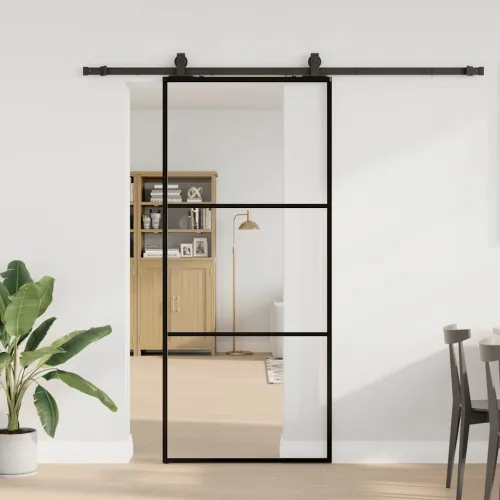 Klizna vrata s priborom crna 90 x 205 cm od ESG stakla - 90 x 205 cm (213 cm sliding rail) 2 vodoravne šipke Cijena
