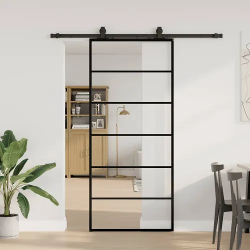 Klizna vrata s priborom crna 90 x 205 cm od ESG stakla - 90 x 205 cm (klizna vodilica od 183 cm) 5 vodoravnih šipki Cijena