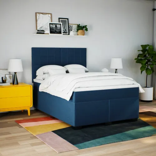Boxspring - Krevet s oprugama i madracem plavi 140 x 190 cm od tkanine - Plava 140 x 190 cm Blok s kvadratima Plava Cijena