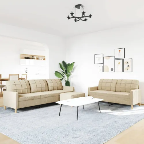 3-dijelni set sofa s tabureom krem od tkanine - Krema S osloncem za noge Cijena