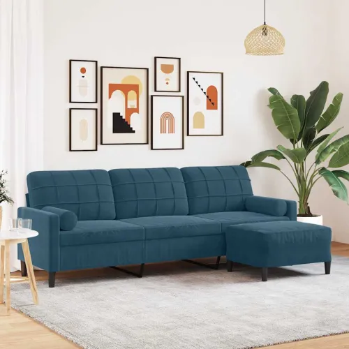 Trosjed s tabureom Plava 210 cm baršunasti - Plava 1 210 cm Cijena