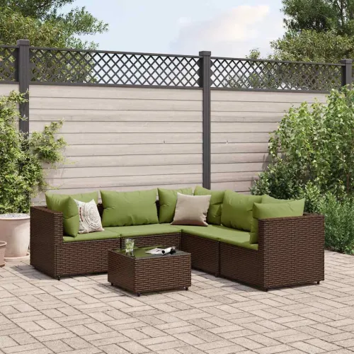 6-dijelna vrtna garnitura s jastucima smeđa od poliratana - Smeđe-zelena 3x kutna + 2x srednja + stol Cijena