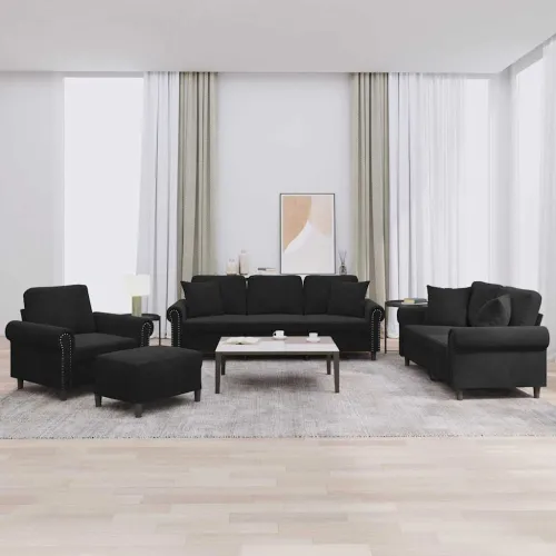 4-dijelni set sofa s jastucima crni baršunasti - Crna s jastucima i tabureom Cijena