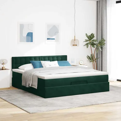 otoman krevet s madracem i LED 160x200 cm baršunasti - Tamnozelena 160 x 200 cm gumbi Tamnozelena Cijena