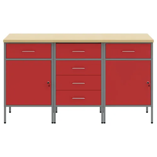 Radni ormar s ladicama 3 kom. Crvena i siva 150 x 55 x 85 cm - Crvena Radni stol od 150 cm (6 ladica i 2 vrata) Cijena