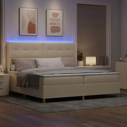 Box spring krevet s LED trakama Krema 200 x 200 cm tkanina - Krema 200 x 200 cm Prošiveno gumbima Cijena