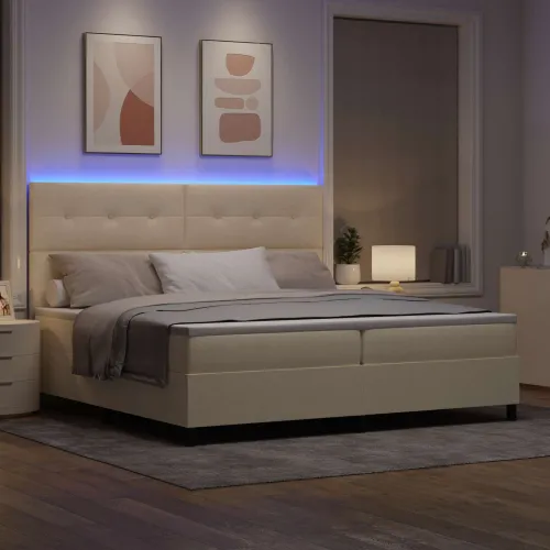 Box spring krevet s LED trakama Krema 200 x 200 cm tkanina - Krema 200 x 200 cm Prošiveno gumbima Cijena