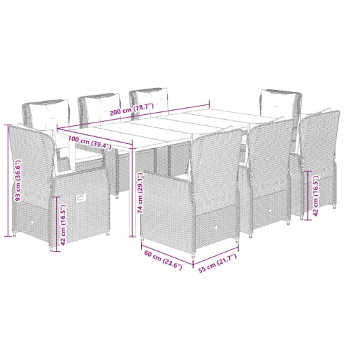 Vrtna garnitura - 9-dijelni vrtni blagovaonski set sivi od poliratana - Siva 200 x 100 x 74 cm 8 Cijena