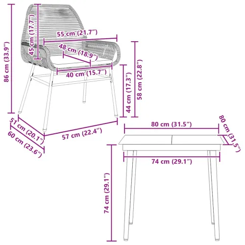 Vrtna garnitura - 3-dijelni vrtni blagovaonski set s jastucima poliratan i staklo - Siva 80 x 80 x 74 cm 2 Siva Cijena
