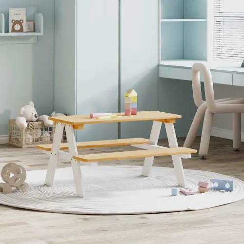 Dječji stol s klupama IRUN bijeli 90x79,5x50cm puno drvo - Bijela 1 Bijela Cijena