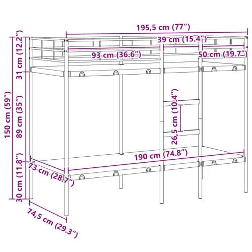 Krevet na kat bez madraca crni 75x190 cm čelik - Crna 75 x 190 cm Crna 75 x 190 cm Cijena