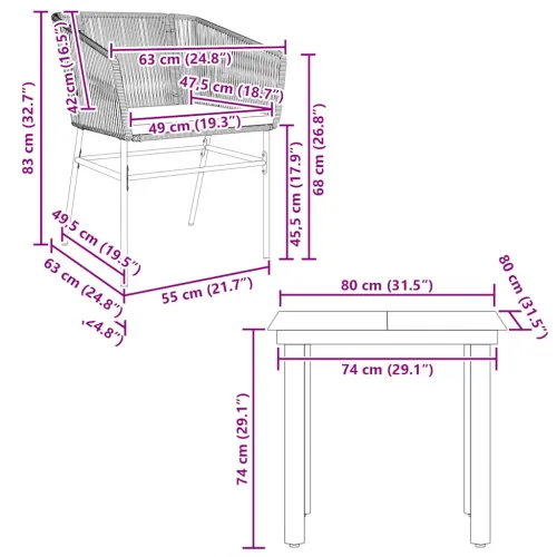 Vrtna garnitura - 3-dijelni vrtni blagovaonski set s jastucima poliratan i staklo - Siva 80 x 80 x 74 cm 2 Cijena