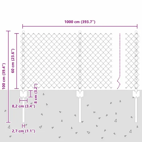Ograda od lančanih veza s postovima 10 x 0,6 m Pocinčani čelik - Pocinčani čelik 10 x 0,6 m ograda (mreža 4 x 4 cm) Cijena