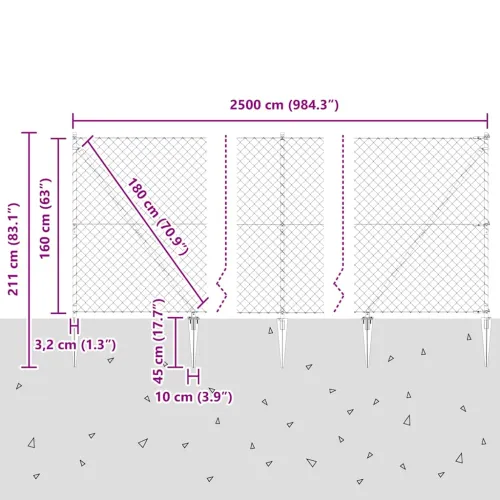Ograda od lančane veze s šiljcima 25 x 1,6 m Siva Mreža - 25 x 1,6 m (60 x 60 mm mreža) Siva Vijak sidro fiksacija Cijena